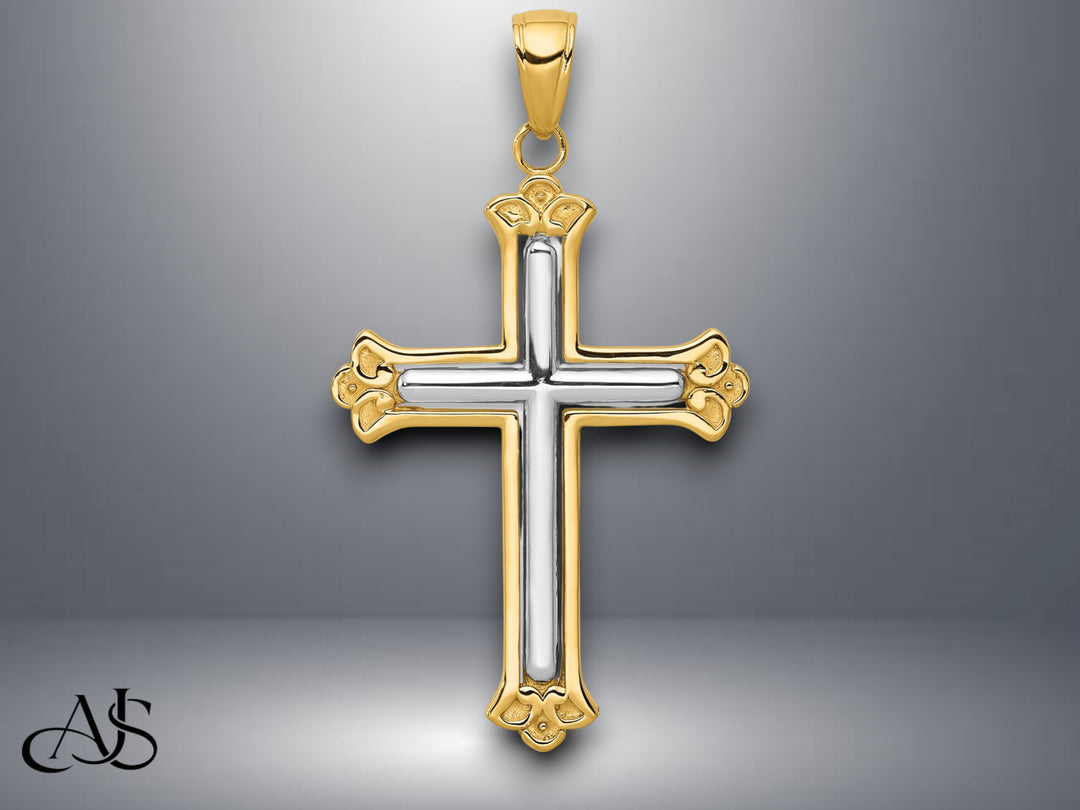 14K Yellow Gold w/Rhodium Budded Yellow Cross Frame Pendant with Necklace Chain Options
