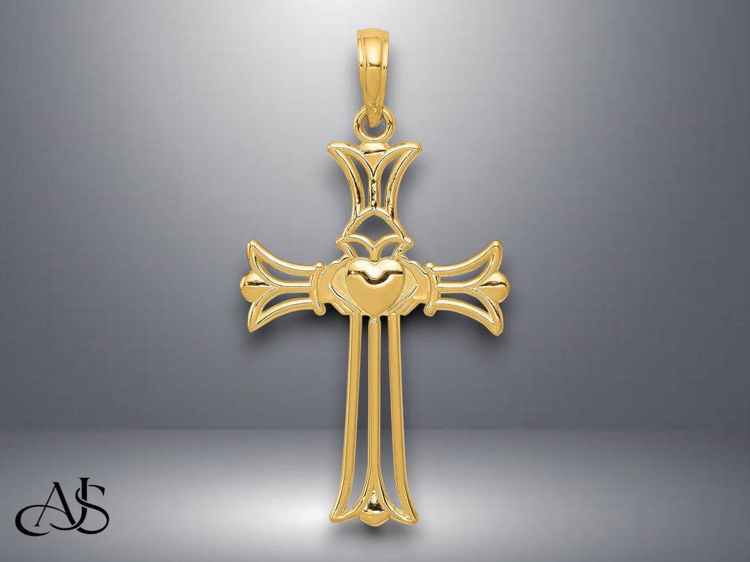 14K Yellow Gold Claddagh Cross Pendant with Necklace Chain Options