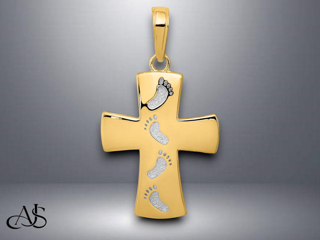 14K Yellow Gold w/Rhodium Footprints Cross Pendant with Necklace Chain Options