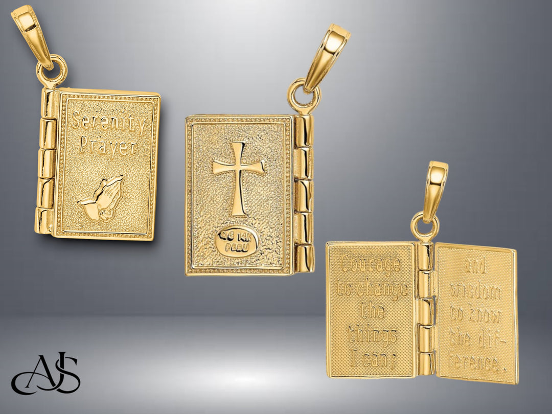 14K Yellow Gold 3-D Moveable Pages Serenity Prayer Book Pendant with Necklace Chain Options