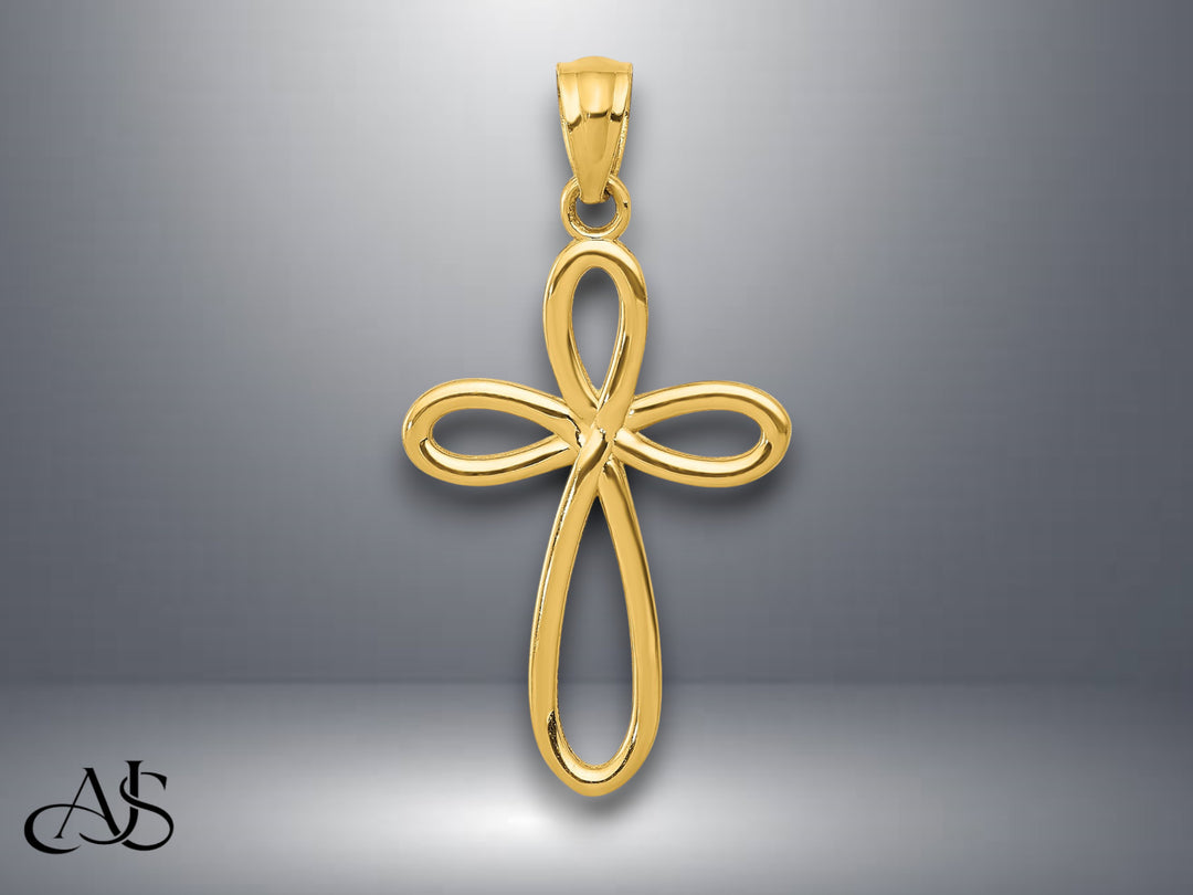 14K Yellow Gold Ribbon Cross Pendant with Necklace Chain Options