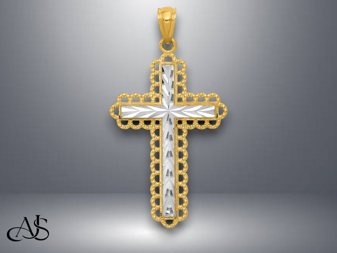 14K Yellow Gold w/Rhodium Diamond Cut Cross Pendant with Necklace Chain Options