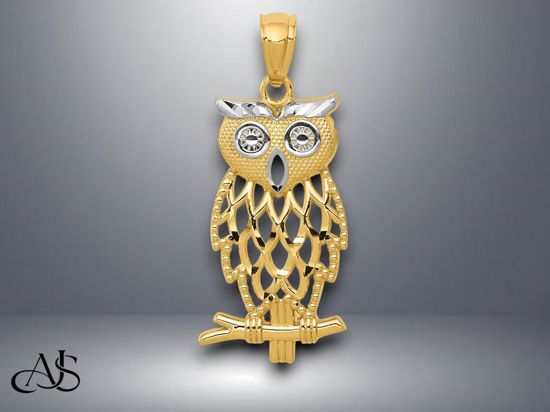 14K Yellow Gold Rhodium Diamond Cut Owl Pendant with Necklace Chain Options