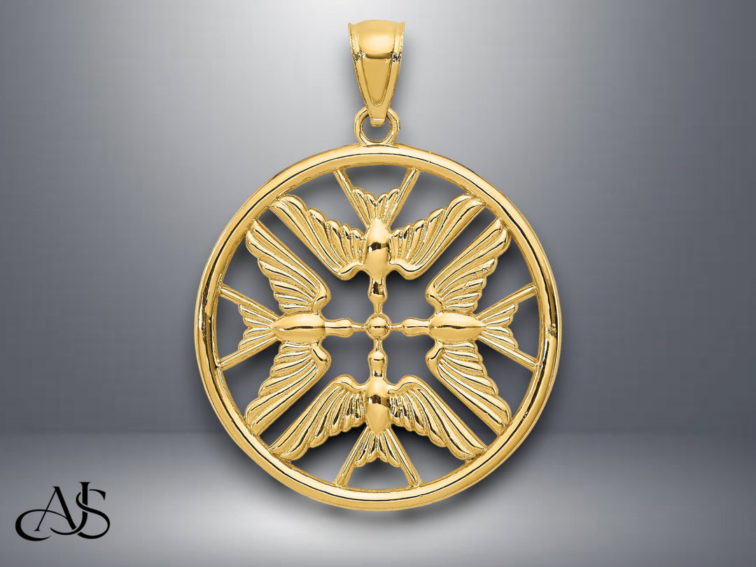 14K Yellow Gold Polished Doves in Circle Pendant with Necklace Chain Options