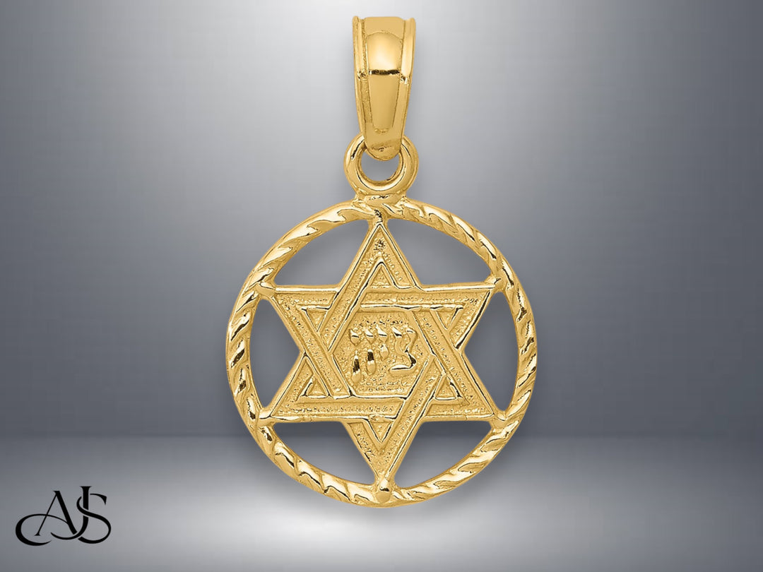 14K Yellow Gold Star of David in Circle Frame Pendant with Necklace Chain Options