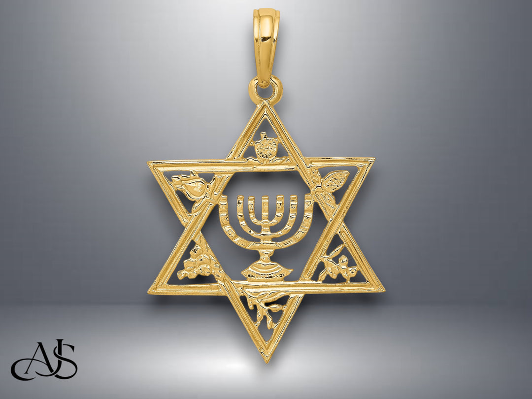 14K Yellow Gold Star of David w/Menorah Pendant with Necklace Chain Options