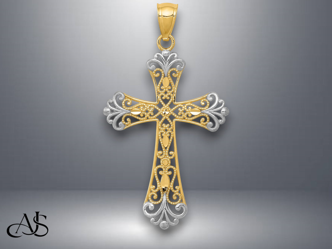 14K Yellow Gold w/Rhodium Diamond-cut Cross Pendant with Necklace Chain Options