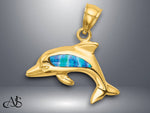 Load image into Gallery viewer, 14K Yellow Gold Lab Created Opal Dolphin Pendant with Necklace Chain Options
