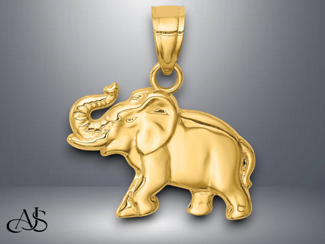 14K Yellow Gold Elephant Pendant with Necklace Chain Options