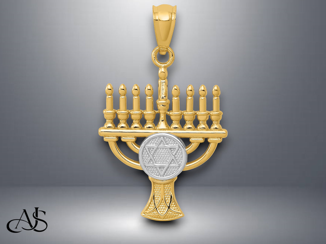 14K Yellow Gold w/ White Rhodium Menorah Pendant with Necklace Chain Options