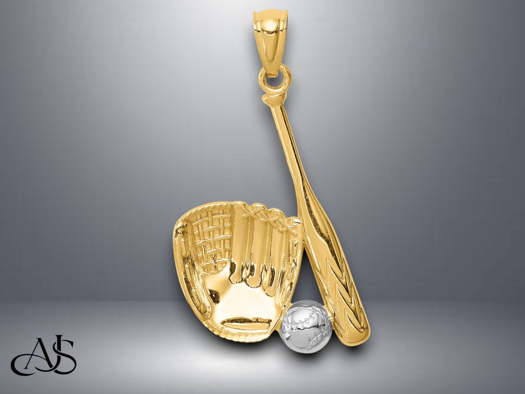 14K Yellow Gold White Rhodium Baseball Glove Bat Ball Pendant with Necklace Chain Options