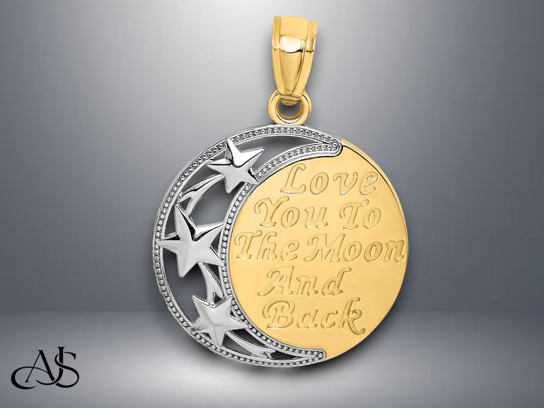 14K Yellow Gold w/ Rhodium "Love you to the moon and back"  Pendant with Necklace Chain Options