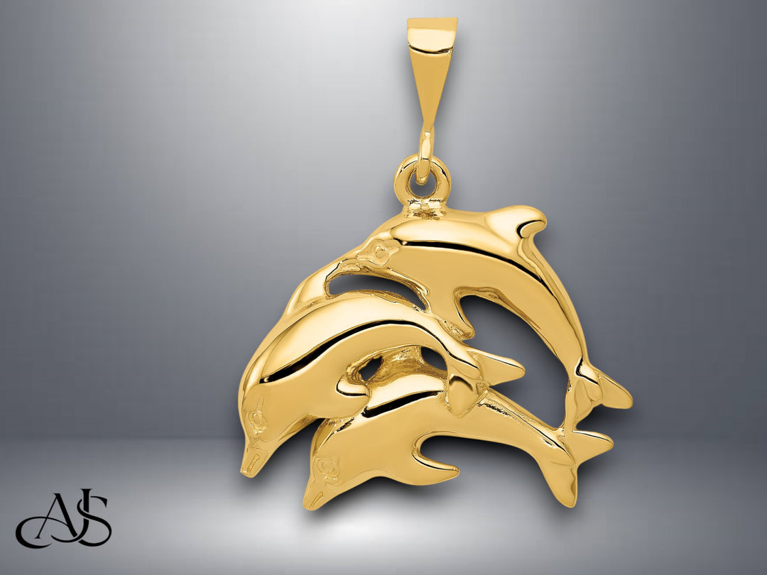 14K Yellow Gold 3 Dolphin Charm with Necklace Chain Options