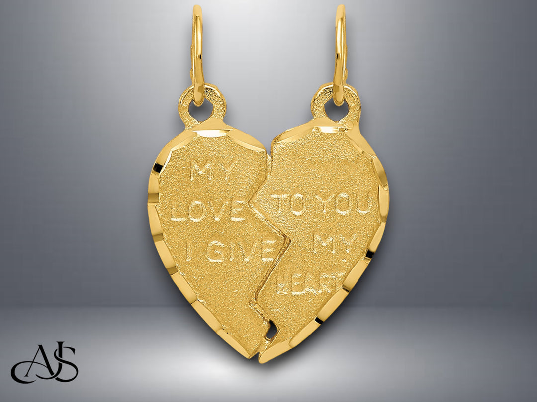 14K Yellow Gold Break Apart "My love to you I gave my heart" Charm with Necklace Chain Options