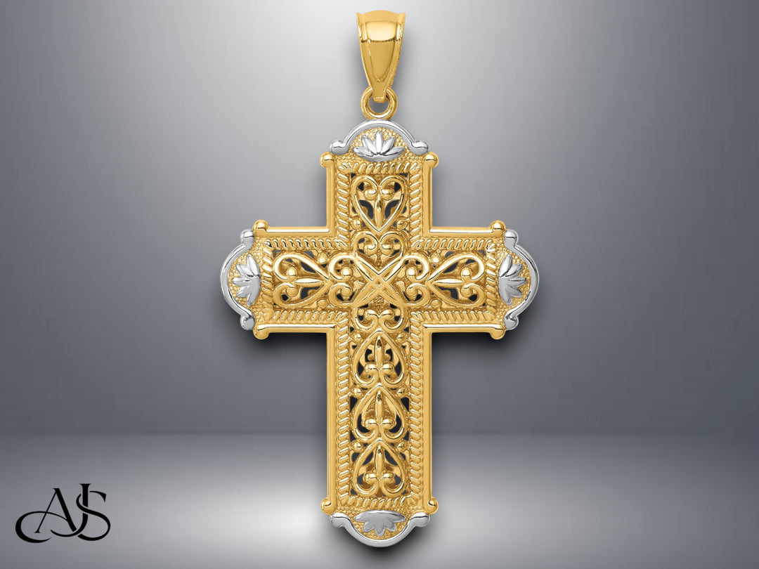 14K Yellow Gold White Rhodium D/C Reversible Cross Pendant with Necklace Chain Options
