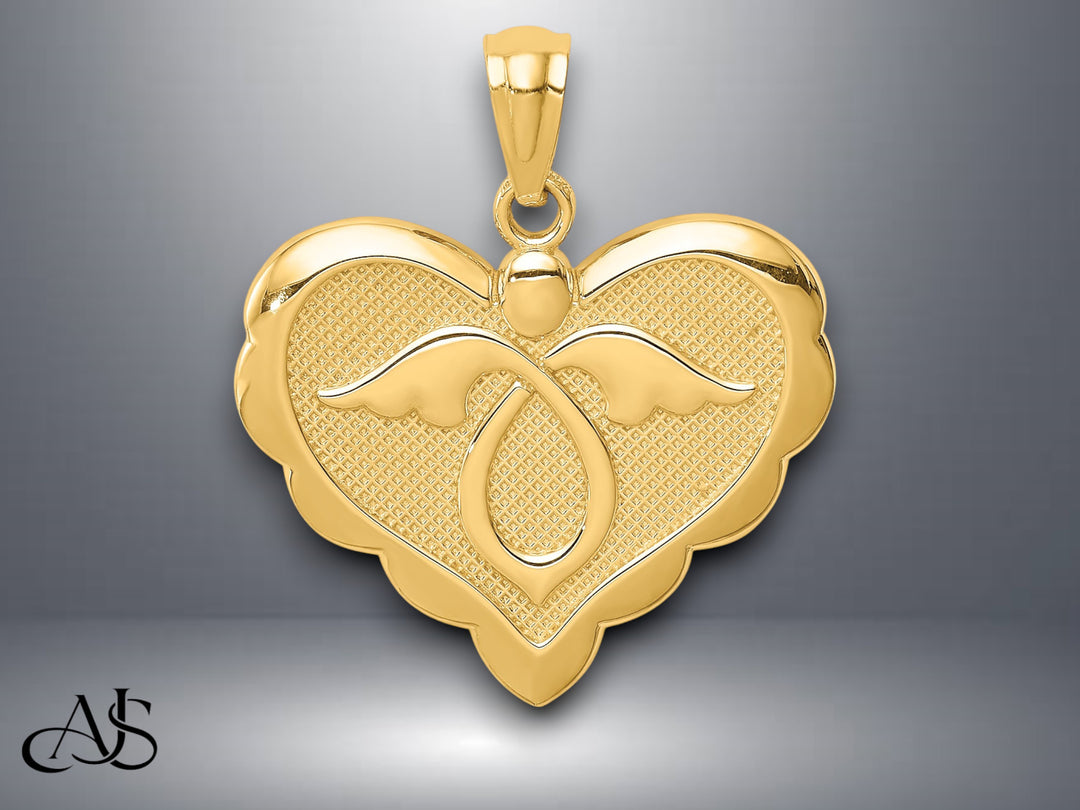 14K Yellow Gold Angel in Heart Pendant with Necklace Chain Options