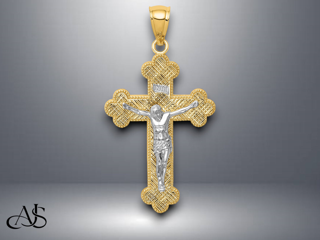 14K Two-tone Gold w/Rhodium Inri Budded Crucifix with Necklace Chain Options