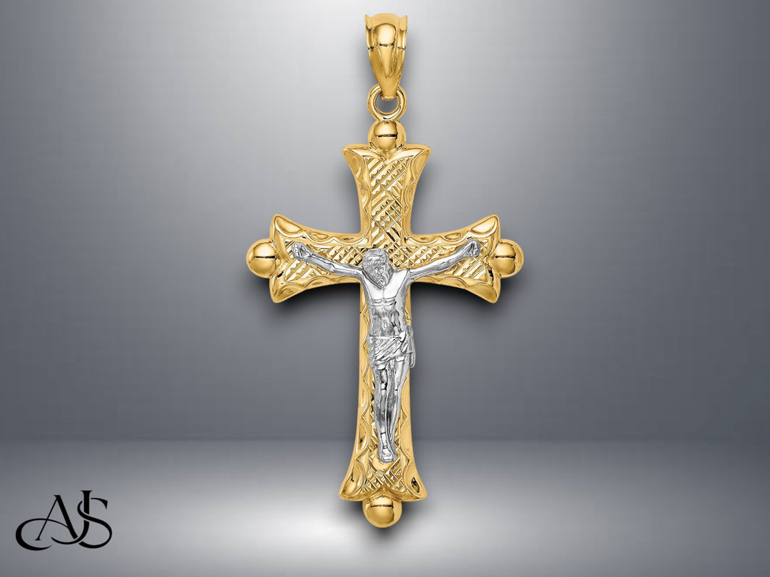 14K Two-tone Gold Florentine Crucifix with Necklace Chain Options