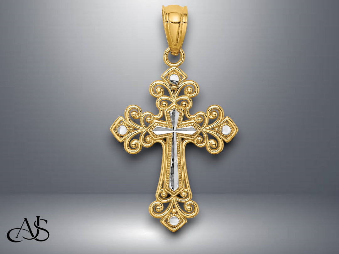 14K Yellow Gold w/White Rhodium D/C Cross Pendant with Necklace Chain Options