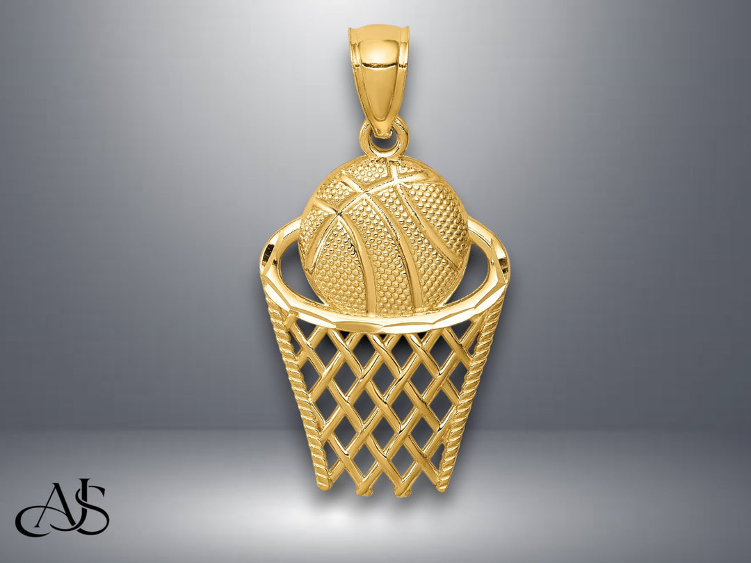 14K Yellow Gold Basketball in Hoop Pendant with Necklace Chain Options
