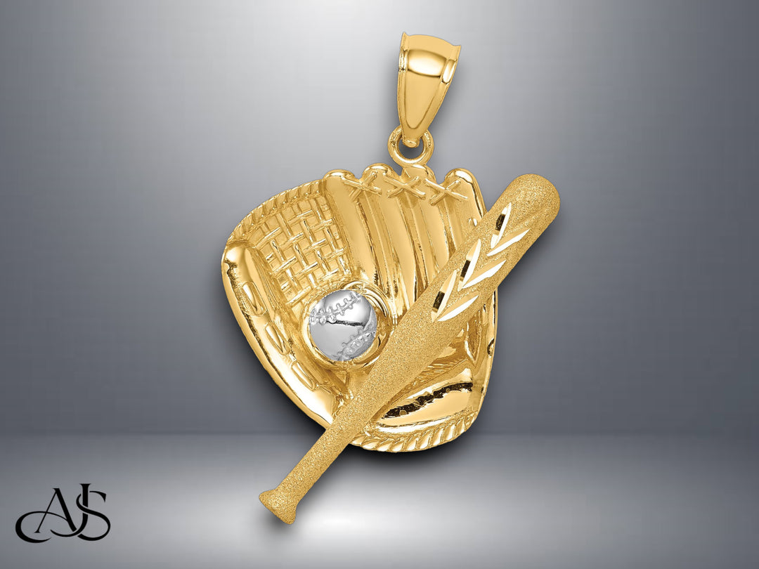 14K Yellow Gold D/C White Rhodium Baseball Bat Glove Ball Pendant with Necklace Chain Options
