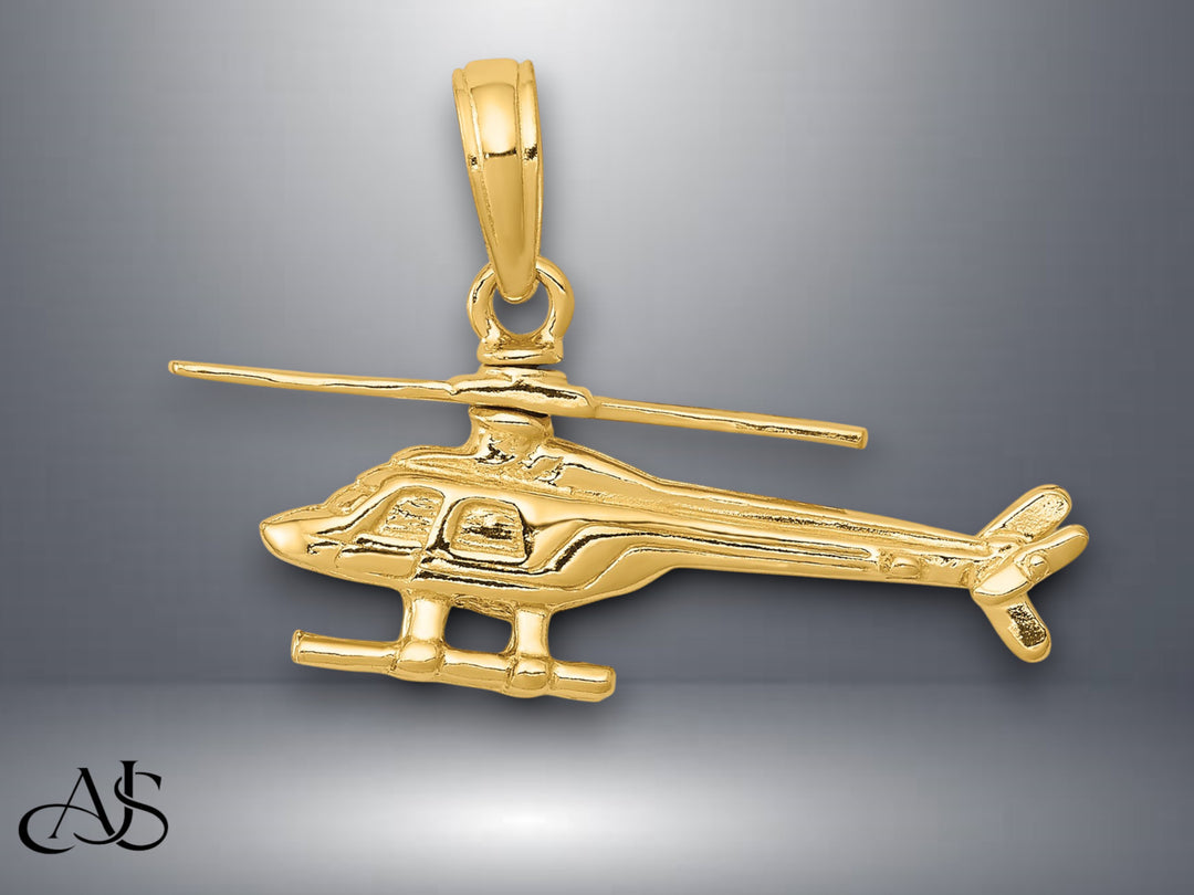 14K Yellow Gold 3-D Moveable Helicopter Pendant with Necklace Chain Options