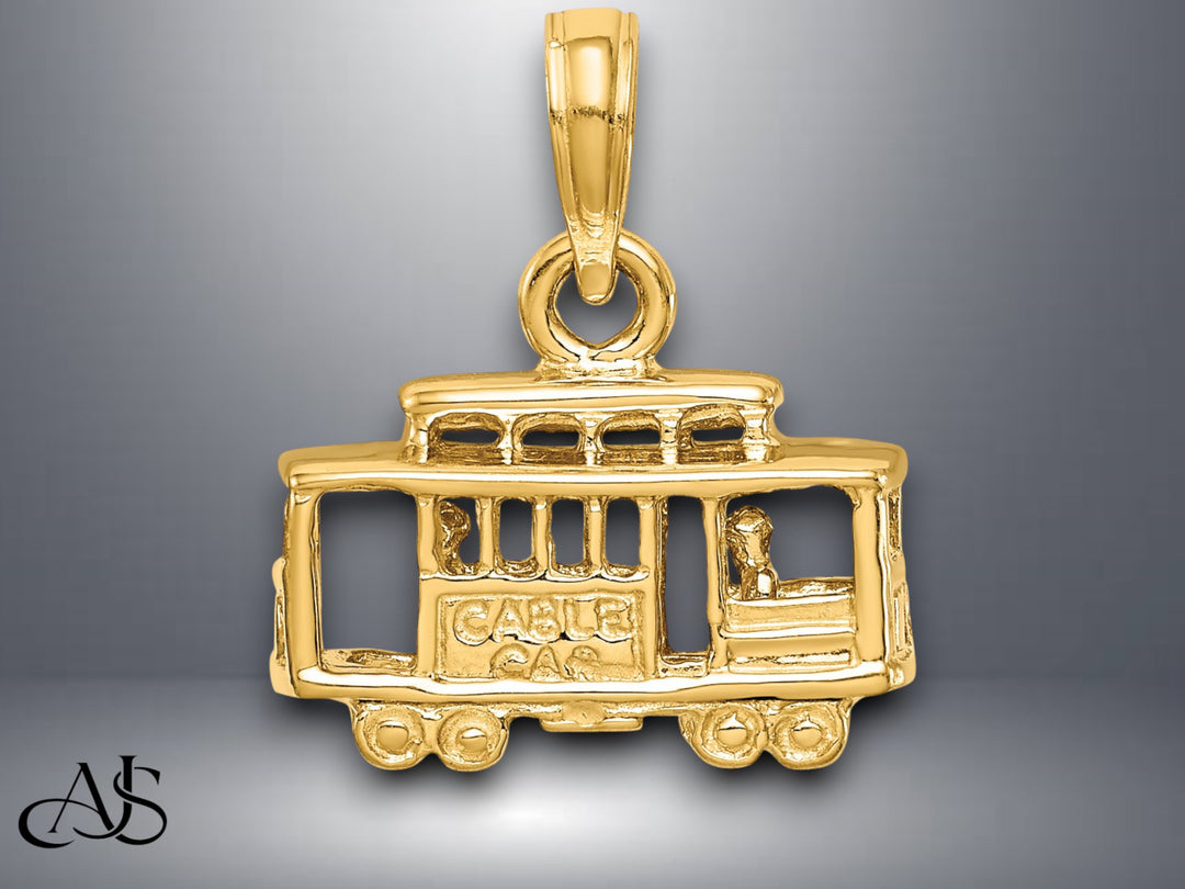 14K Yellow Gold Solid Polished 3-D Trolley Car Pendant with Necklace Chain Options