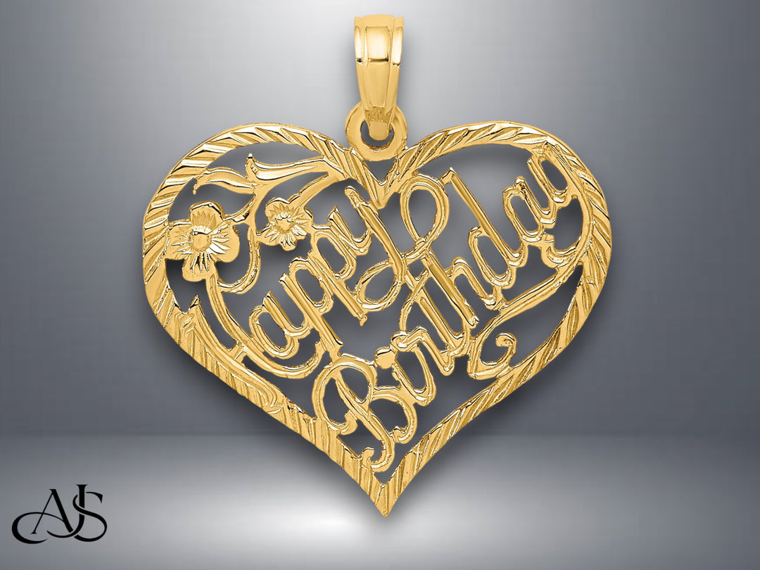 14K Yellow Gold Solid HAPPY BIRTHDAY Heart Charm with Necklace Chain Options