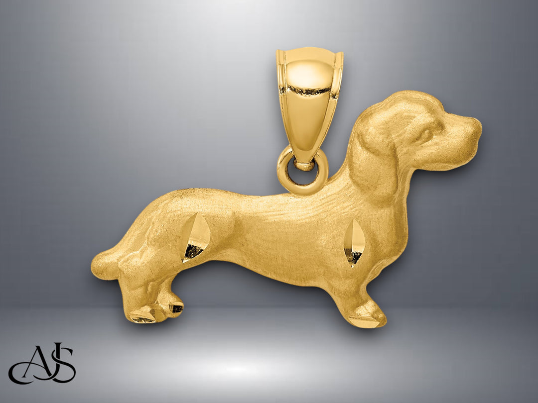 14K Yellow Gold Diamond-cut Dachshund Pendant with Necklace Chain Options
