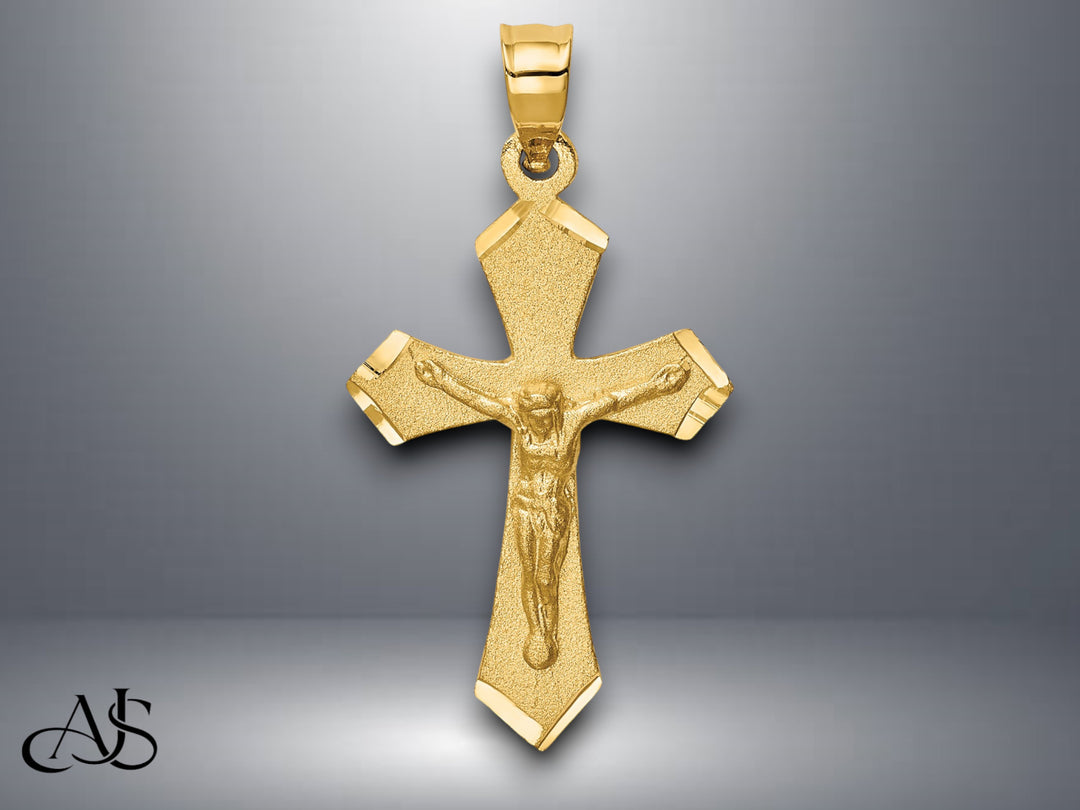14K Yellow Gold Satin & Diamond-cut Crucifix Charm with Necklace Chain Options