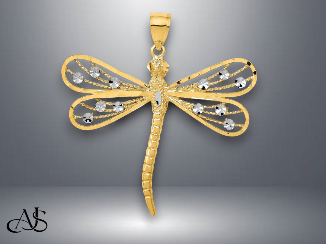14K Yellow Gold w/Rhodium Diamond-cut Filigree Dragonfly Pendant with Necklace Chain Options