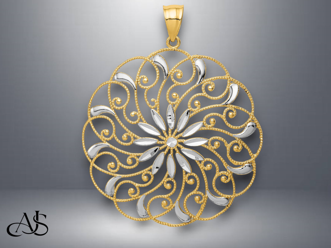 14K Yellow Gold and White Rhodium Meridian Swirl Pendant with Necklace Chain Options