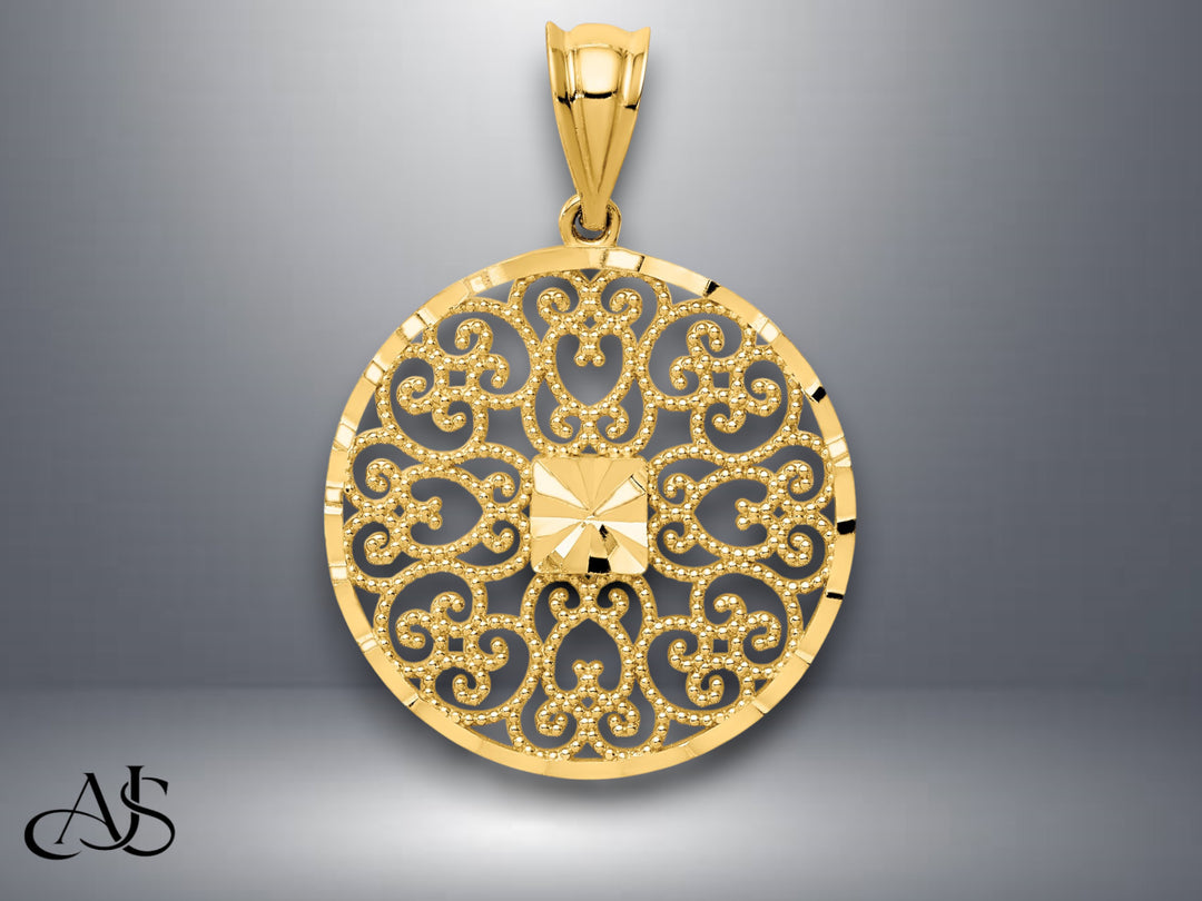 14K Yellow Gold Fancy Filigree / Diamond Cut Charm with Necklace Chain Options