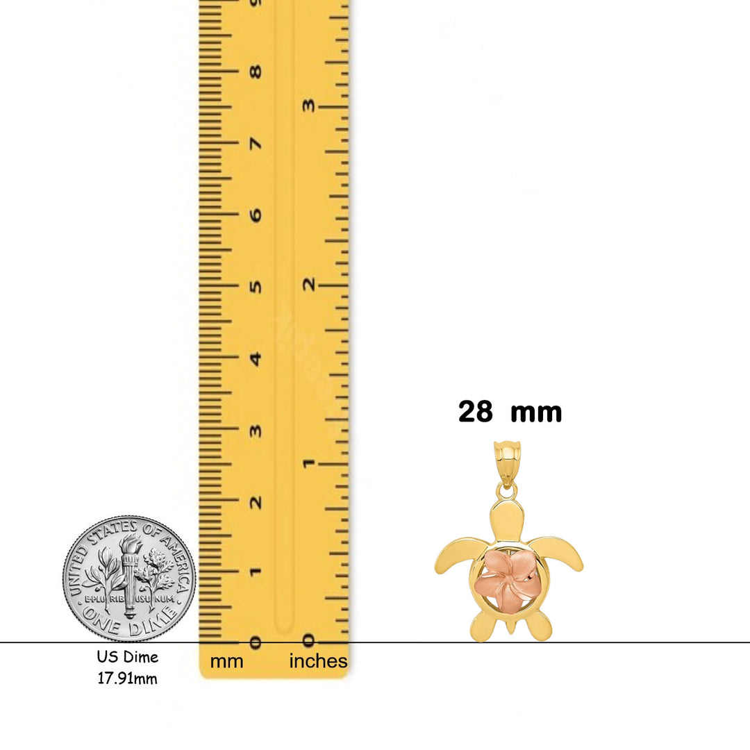 14K Two-tone Gold Diamond-cut Rose Plumeria Turtle Pendant with Necklace Chain Options