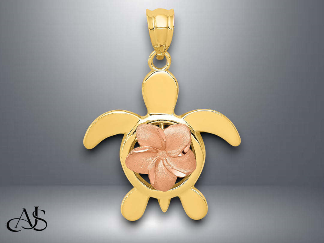 14K Two-tone Gold Diamond-cut Rose Plumeria Turtle Pendant with Necklace Chain Options