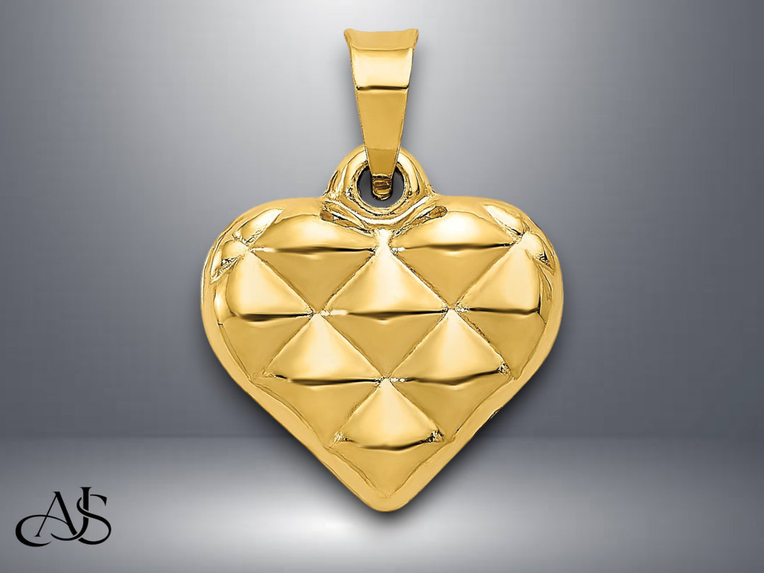 14K Yellow Gold Polished and Textured 3-D Heart Pendant with Necklace Chain Options