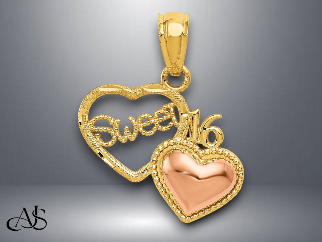 14K Two-tone Gold SWEET 16 Heart Pendant with Necklace Chain Options