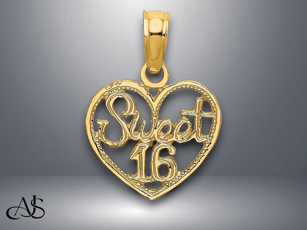 14K Yellow Gold SWEET 16 in Heart Charm with Necklace Chain Options
