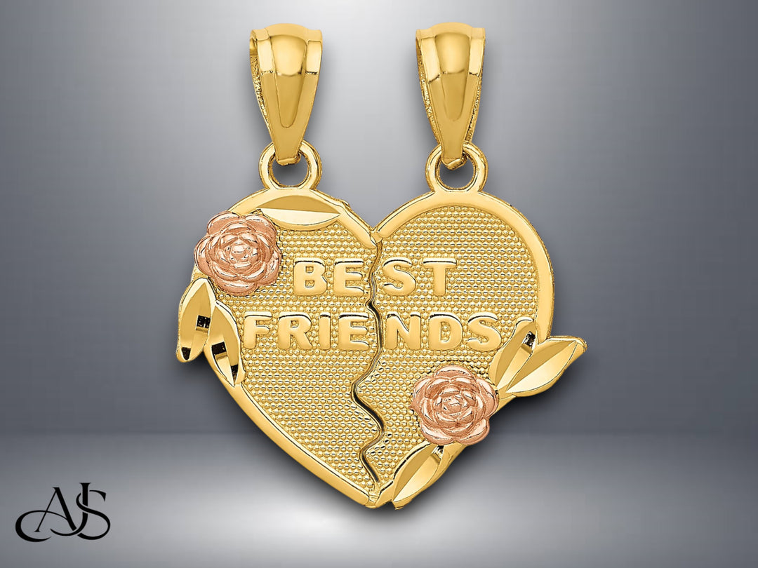 14K Two-tone Gold BEST FRIENDS Break Apart Heart Pendant with Necklace Chain Options