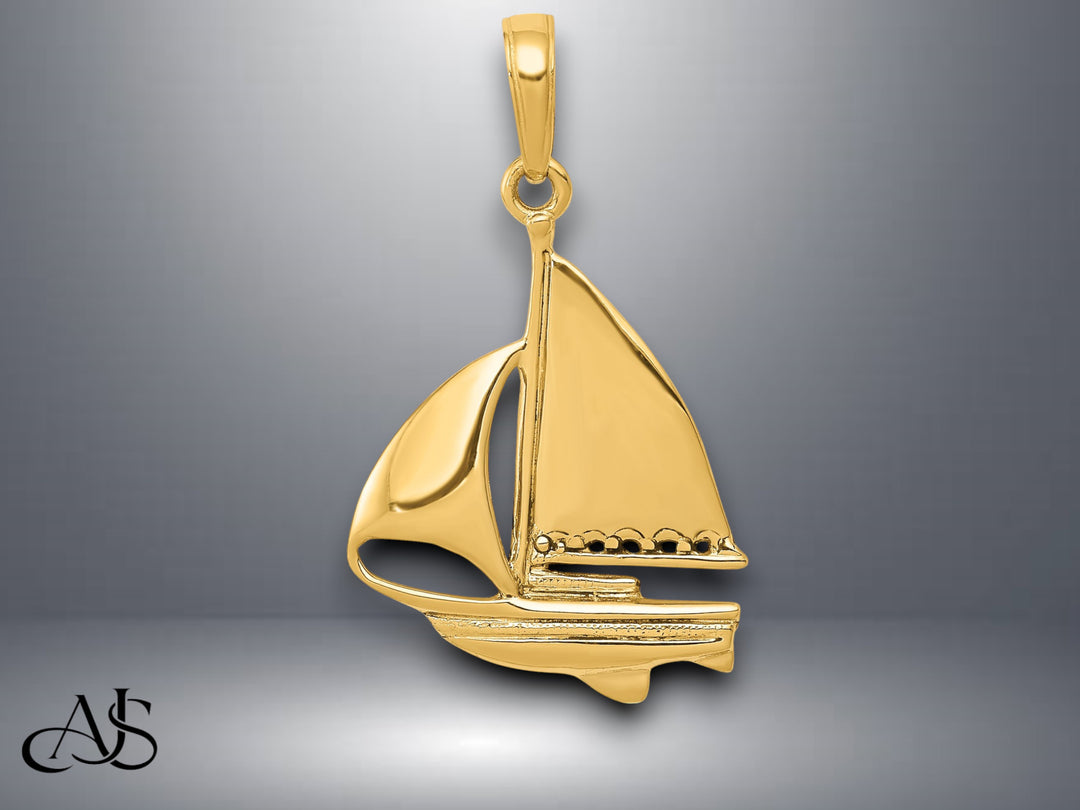 14K Yellow Gold Sailboat Pendant Charm with Necklace Chain Options