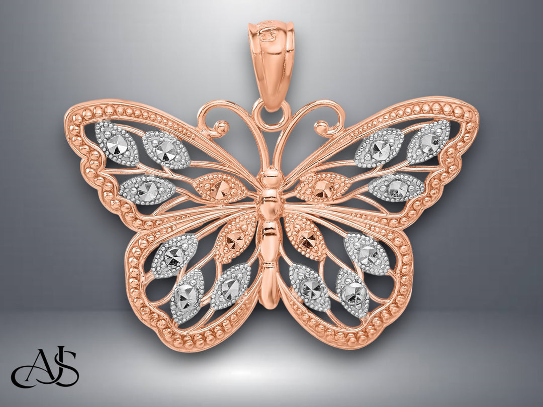 14K Rose Gold w/Rhodium Diamond-cut Butterfly Pendant