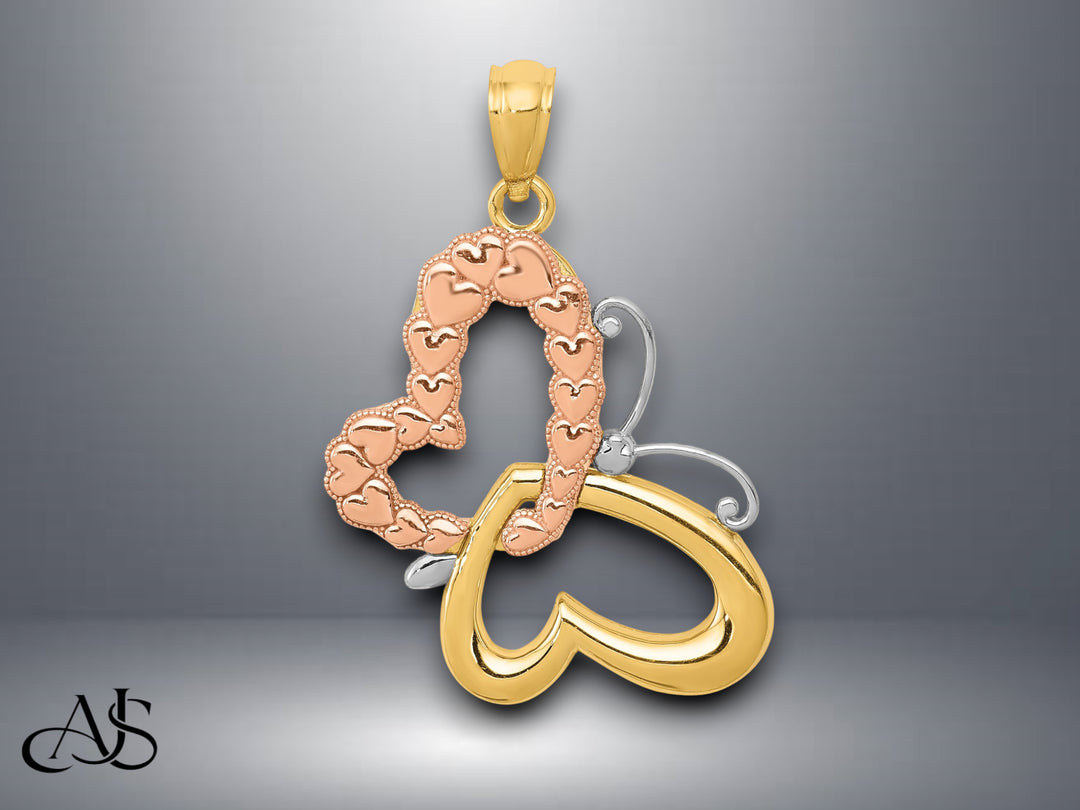 14K Two-tone Gold w/White Rhodium Butterfly w/Hearts Pendant with Necklace Chain Options