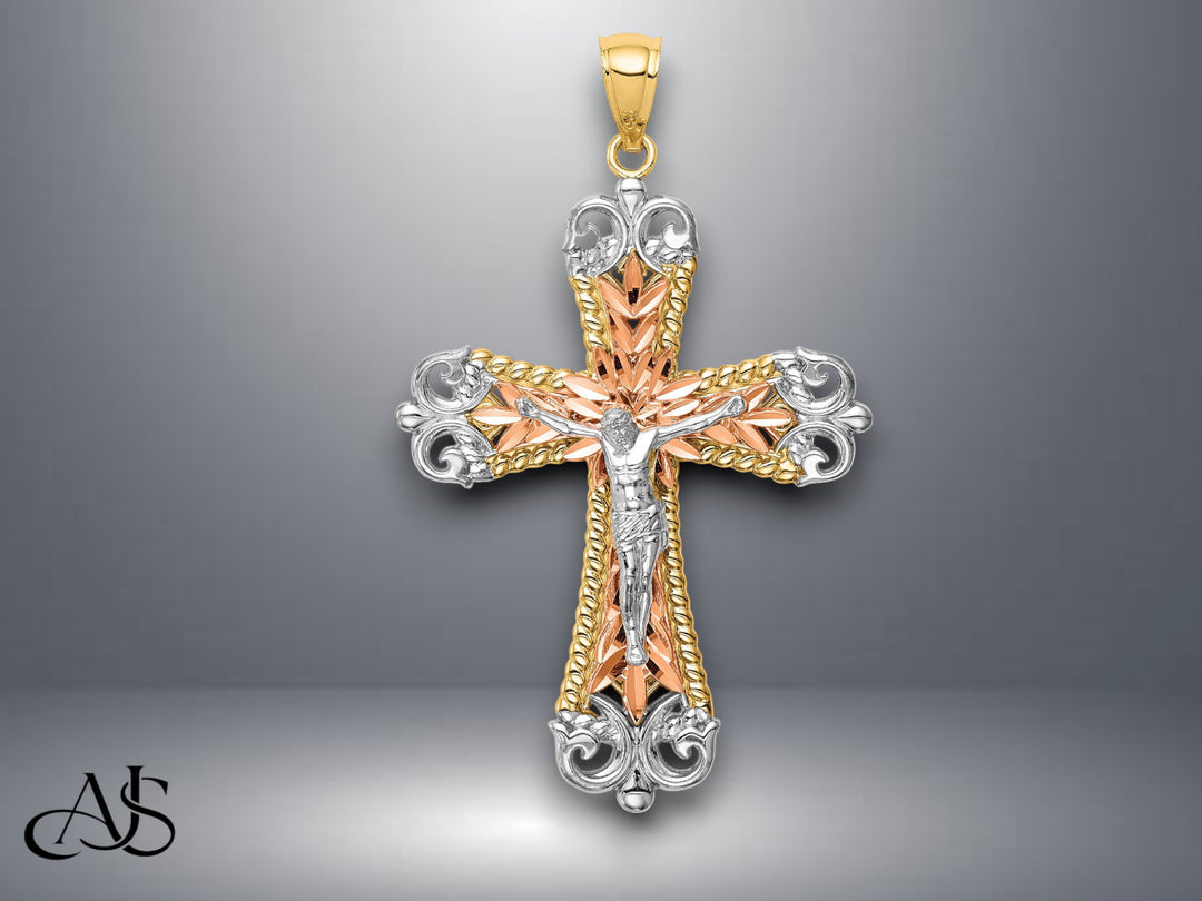 14K Tri-Color w/Rhodium Crucifix Pendant with Necklace Chain Options