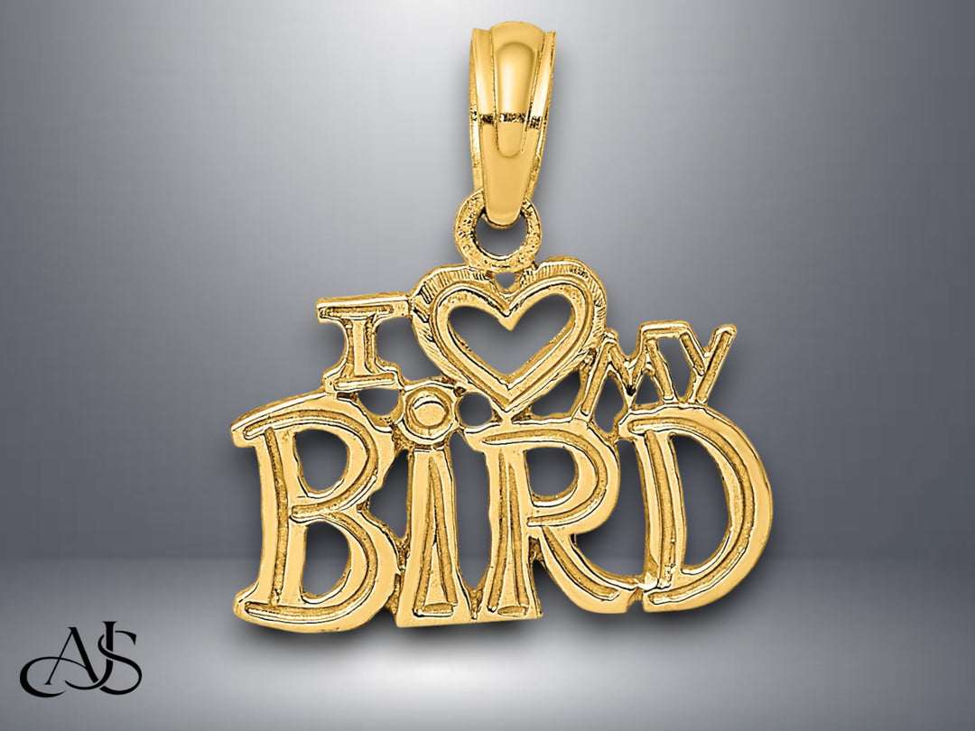 14K Yellow Gold I HEART MY BIRD Charm with Necklace Chain Options