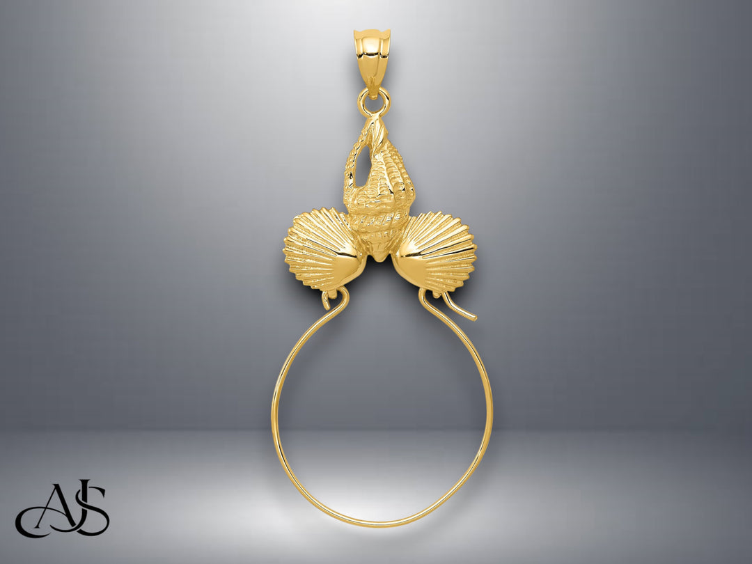 14K Yellow Gold Sea Shell Charm Holder with Necklace Chain Options