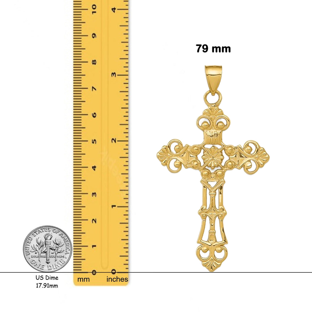14K Yellow Gold Fleur De Lis Large Cross Pendant with Necklace Chain Options