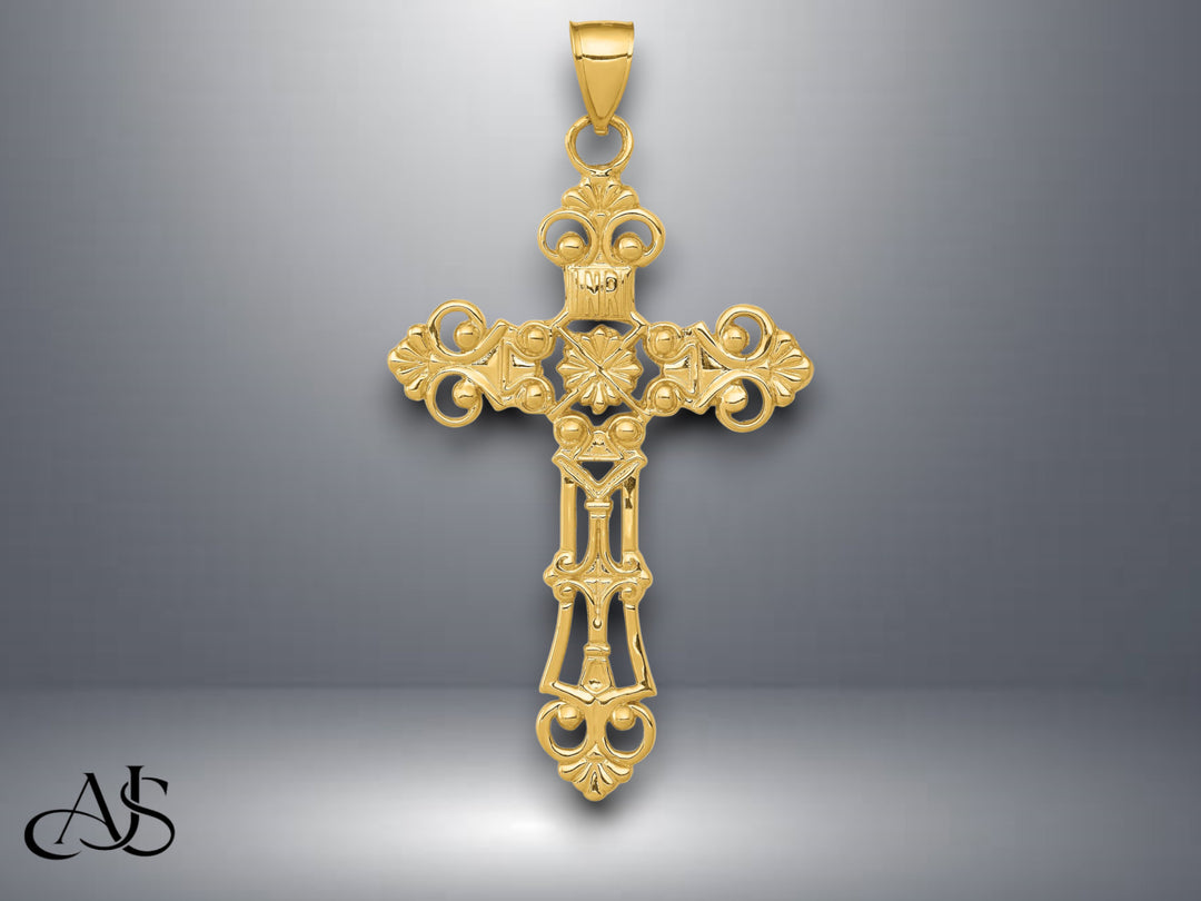 14K Yellow Gold Fleur De Lis Large Cross Pendant with Necklace Chain Options