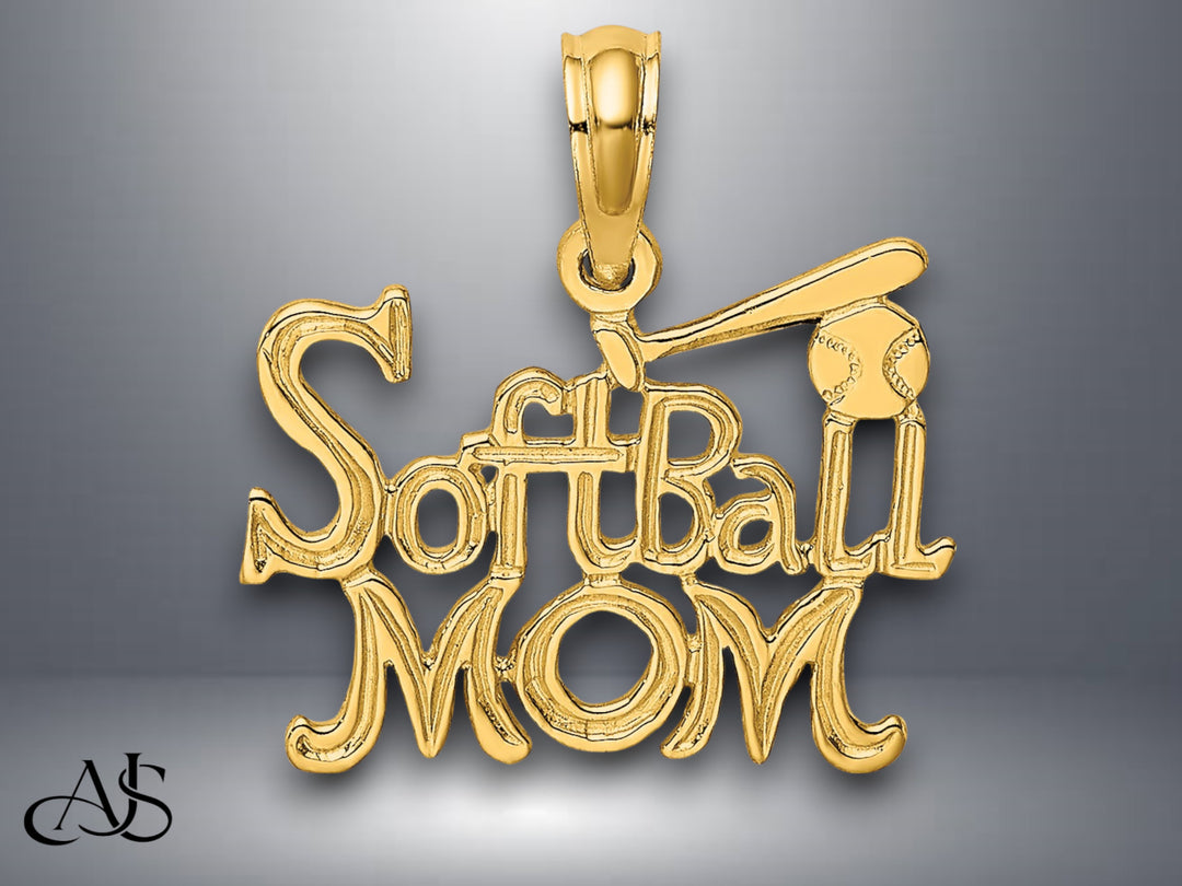 14K Yellow Gold SOFTBALL MOM w/ Bat And Ball Charm with Necklace Chain Options
