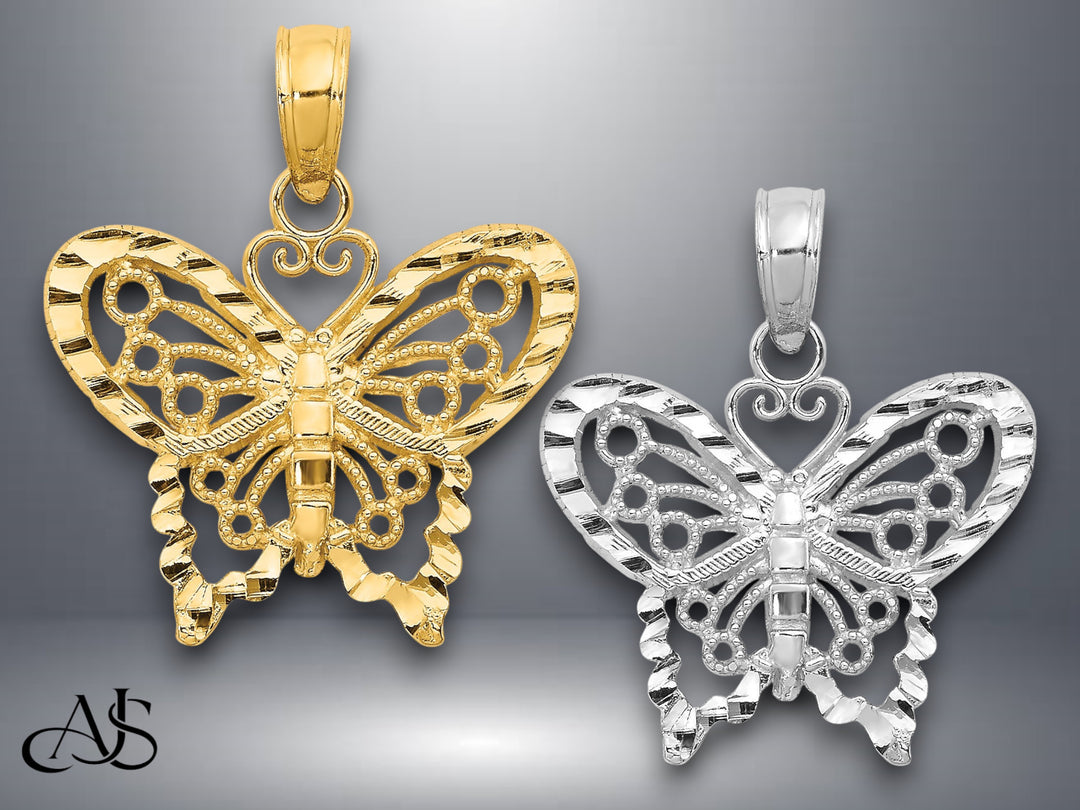 14K Yellow Gold or White Gold Diamond-cut Butterfly Pendant with Necklace Chain Options