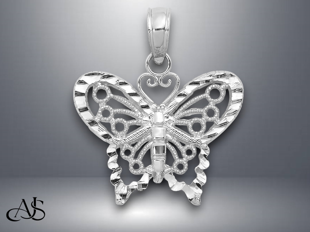 14K Yellow Gold or White Gold Diamond-cut Butterfly Pendant with Necklace Chain Options